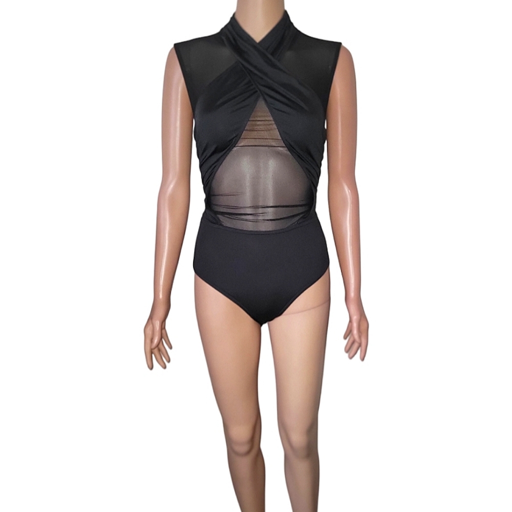 Black criss cross front bodysuit.